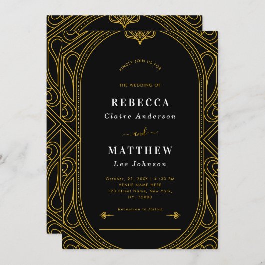 Zwart en goud Modern Deco Geometric Wedding Kaart (Voorkant / Achterkant)
