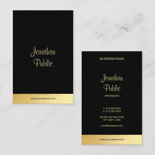 Zwart en Goud Modern Elegant Hand Script Sjabloon Visitekaartje (Voorkant / Achterkant)