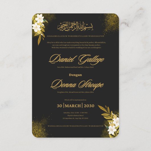 Zwart en Goud Modern Elegant Huwelijksfeest Informatiekaartje (Achterkant)