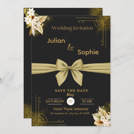 Zwart en Goud Modern Elegant Huwelijksfeest Kaart (Voorkant / Achterkant)