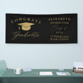 Zwart en goud Modern Elegant Script Afstuderen Spandoek (Beurs)