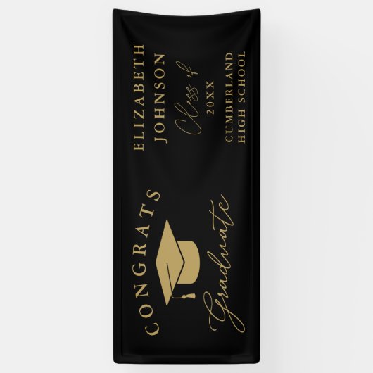 Zwart en goud Modern Elegant Script Afstuderen Spandoek (Verticaal)