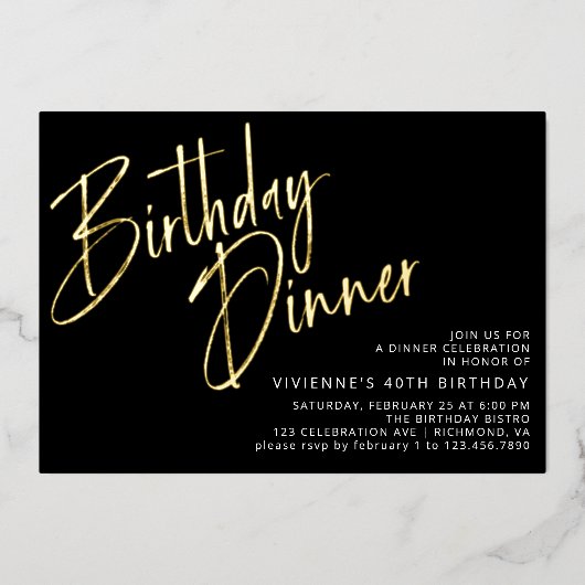 Zwart en Goud | Modern Elegant verjaardagsdiner Folie Uitnodiging (Voorkant)