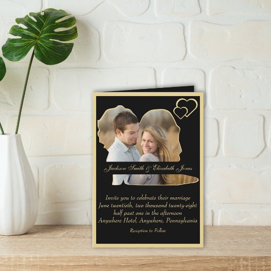 Zwart en goud modern gevouwen trouwkaart met vele 