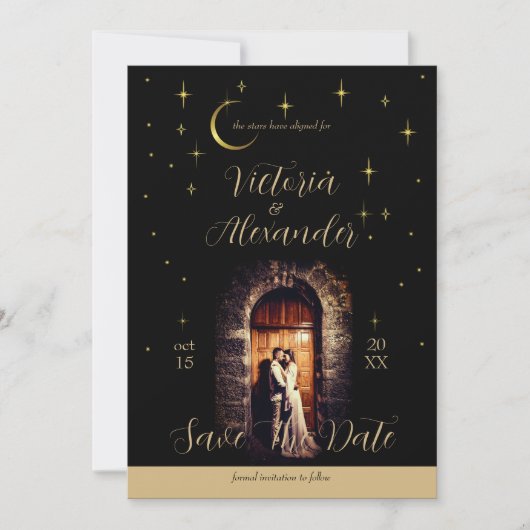 Zwart en goud Modern Minimal Celestial 2 Save The Date (Voorkant)