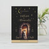 Zwart en goud Modern Minimal Celestial 2 Save The Date (Staand voorkant)