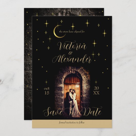 Zwart en goud Modern Minimal Celestial 2 Save The Date (Voorkant / Achterkant)