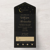 Zwart en goud Modern Minimal Celestial All In One Uitnodiging (Binnen)