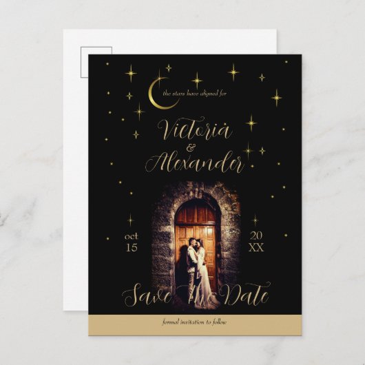 Zwart en Goud Modern Minimal Celestial Arch Aankondigingskaart (Voorkant / Achterkant)