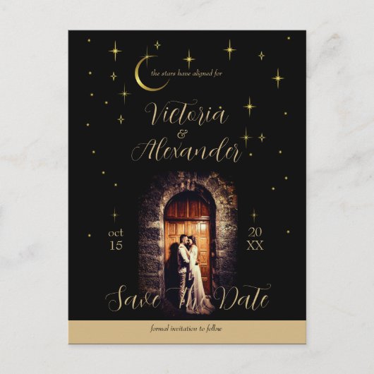 Zwart en Goud Modern Minimal Celestial Arch Aankondigingskaart (Voorkant)