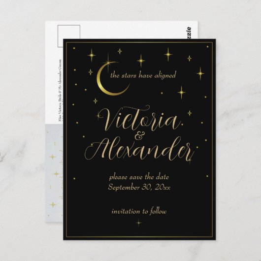 Zwart en Goud Modern Minimal Celestial Save Date Briefkaart (Voorkant / Achterkant)