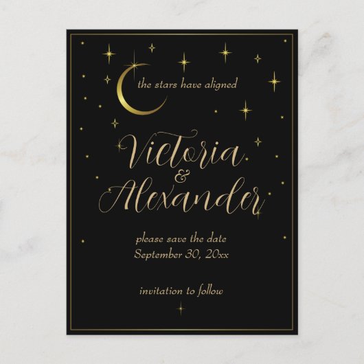 Zwart en Goud Modern Minimal Celestial Save Date Briefkaart (Voorkant)