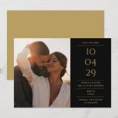 Zwart en goud modern minimalistisch trouwfoto save the date (Voorkant / Achterkant)
