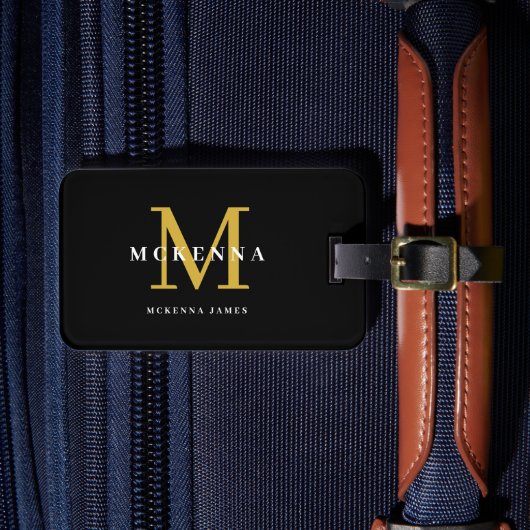 Zwart en goud modern monogram gegraveerd elegant bagagelabel (Voorkant Insitu 4)