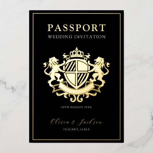 Zwart en goud modern paspoort trouwuitnodiging  folie uitnodiging (Voorkant)