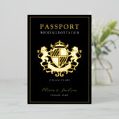 Zwart en goud modern paspoort trouwuitnodiging  folie uitnodiging (Staand Voorkant)