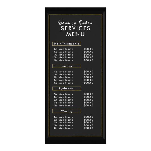Zwart en Goud Modern Salon Add Logo Services Menu (Voorkant)