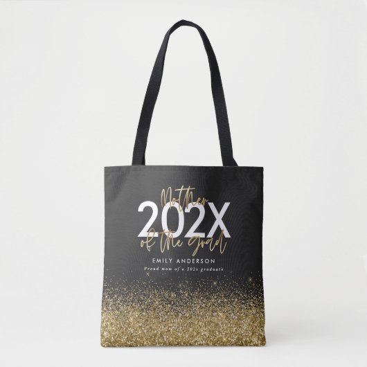 Zwart en goud modern script glitter afstuderen tote bag (Voorkant)