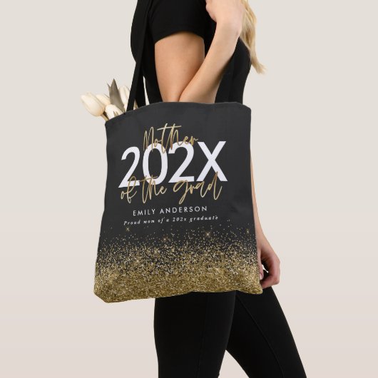 Zwart en goud modern script glitter afstuderen tote bag (Dichtbij)