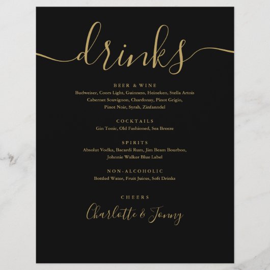 Zwart en goud modern script huwelijksdrankjesmenu flyer (Voorkant)