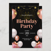 Zwart en goud Modern verjaardagsfeest uitnodiging (Voorkant / Achterkant)