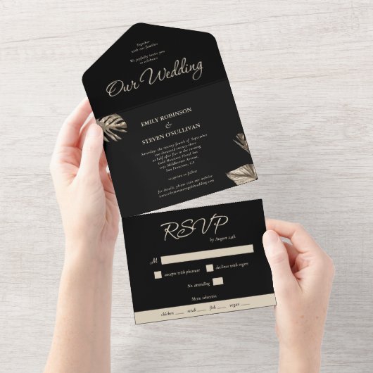 Zwart en goud moderne botanische bruiloft all in one uitnodiging (Afscheurbaar)