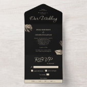 Zwart en goud moderne botanische bruiloft all in one uitnodiging (Binnen)