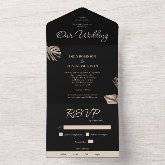 Zwart en goud moderne botanische bruiloft all in one uitnodiging (Binnen)