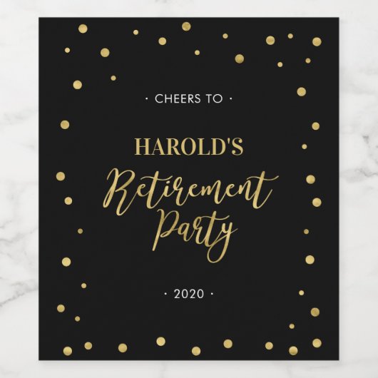 Zwart en goud | Moderne Confetti Pensioenpartij Wijn Etiket (Enkel label)
