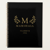 Zwart en goud Moderne Elegante Bloemen Monogram Na Planner (Voorkant)
