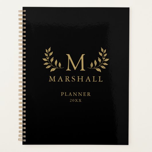 Zwart en goud Moderne Elegante Bloemen Monogram Na Planner (Voorkant)