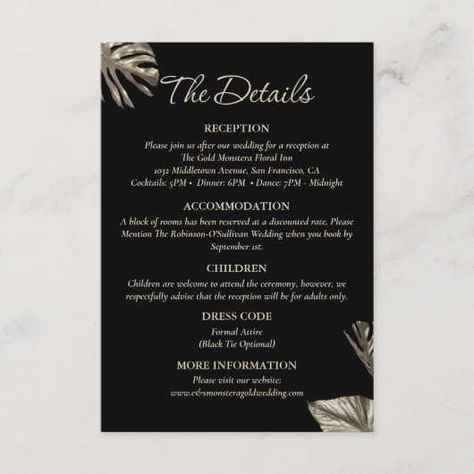 Zwart en Goud Moderne elegante bruiloft Details Informatiekaartje (Voorkant)