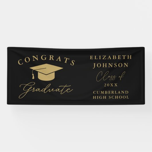 Zwart En Goud Moderne Elegante Script Afstuderen Spandoek (Horizontaal)