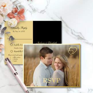 Zwart en goud Moderne foto bruiloft RSVP Folie Uitnodiging Briefkaart