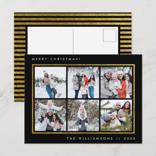 Zwart en goud | Moderne prettige kerst 6 Foto's Briefkaart (Voorkant / Achterkant)