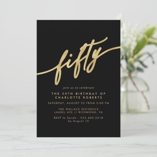 Zwart en Goud | Moderne strakke glam 50e verjaarda Kaart (Staand voorkant)
