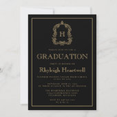 Zwart en Goud Monogram Crest Graduation Party Kaart (Voorkant)