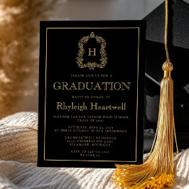 Zwart en Goud Monogram Crest Graduation Party Kaart