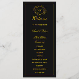 Zwart en goud Monogram dubbele zijprogrammakaart Programmakaart