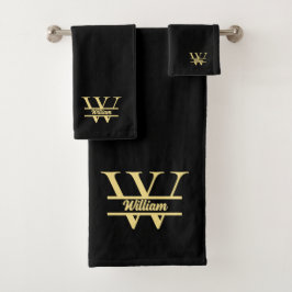 Zwart en goud monogram | Elegant Initiaal script Bad Handdoek