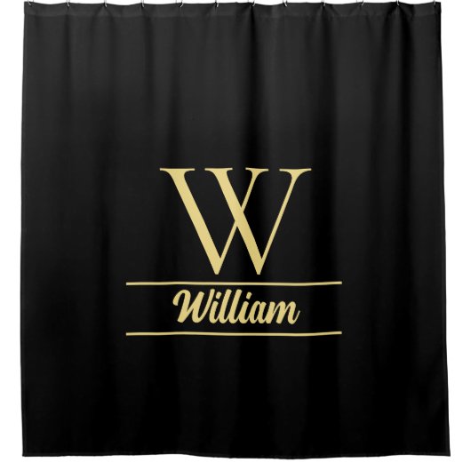 Zwart en goud monogram | Elegant Initiaal script Douchegordijn (Voorkant)