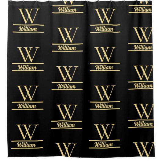 Zwart en goud monogram | Elegant Initiaal script Douchegordijn (Voorkant)