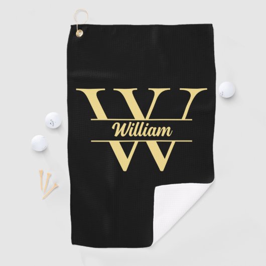 Zwart en goud monogram | Elegant Initiaal script Golfhanddoek (Insitu)