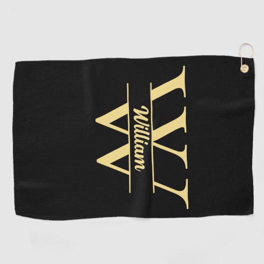 Zwart en goud monogram | Elegant Initiaal script Golfhanddoek (Horizontaal)
