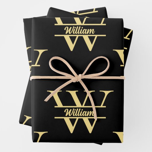 Zwart en goud monogram | Elegant Initiaal script Inpakpapier Vel (In situ)