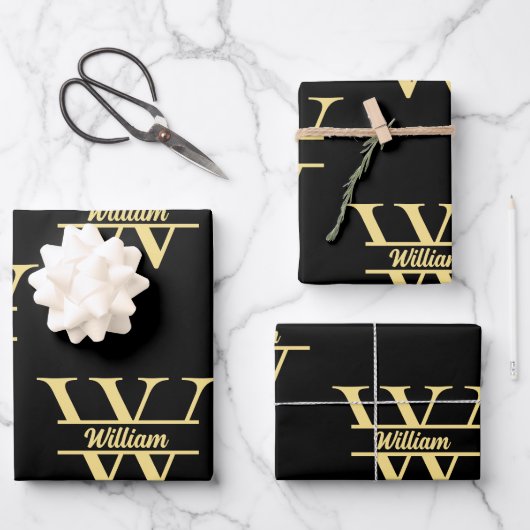 Zwart en goud monogram | Elegant Initiaal script Inpakpapier Vel (Voorkant)