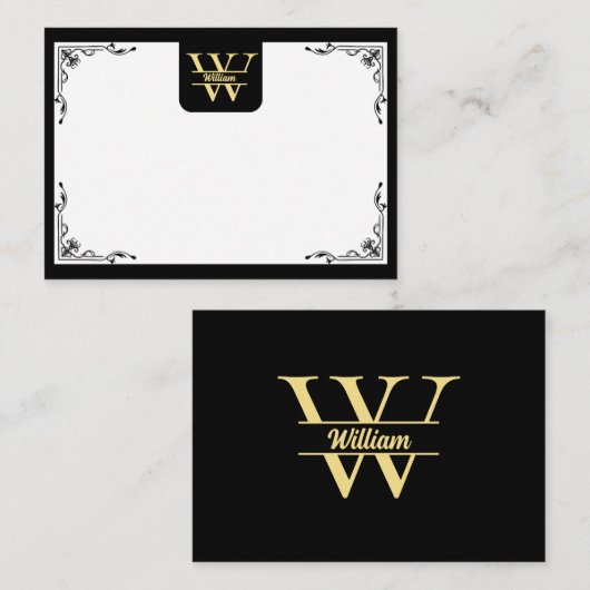 Zwart en goud monogram | Elegant Initiaal script Notitiekaartje (Voorkant / Achterkant)