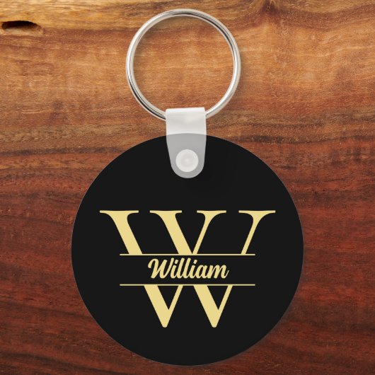 Zwart en goud monogram | Elegant Initiaal script Sleutelhanger (Voorkant)