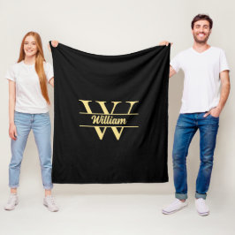 Zwart en Goud Monogram | Elegante Initiaal Script Fleece Deken