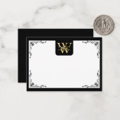 Zwart en Goud Monogram | Elegante Initiaal Script Notitiekaartje (Voorkant / Achterkant in situ)